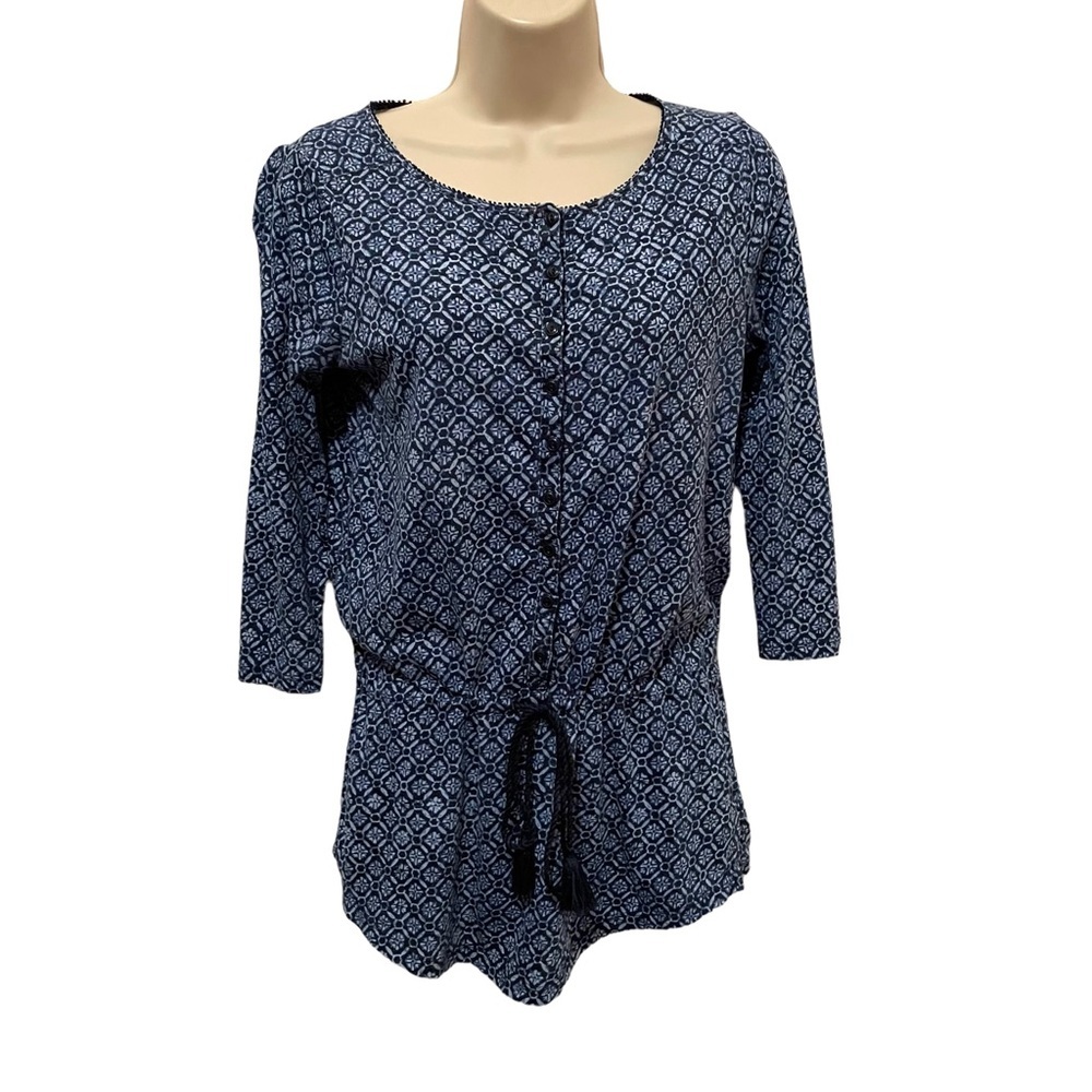 Lauren Ralph Lauren 100% Cotton Shirt Boho Bohemian Size Small Blue White Tassel